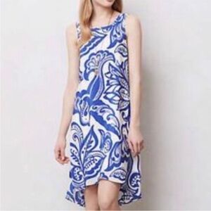 Leifsdottir Anthropologie Blue White 100% Silk Bird Print High Low Lined Sz 4